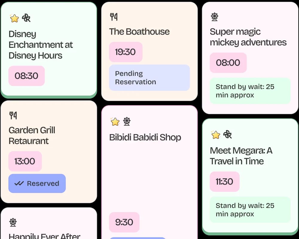 Preview of MyParkPlanner activity cards listing rides, dining, and shows with times and reservation status