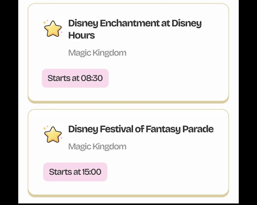 Preview of MyParkPlanner alert cards notifying about upcoming park events with start times