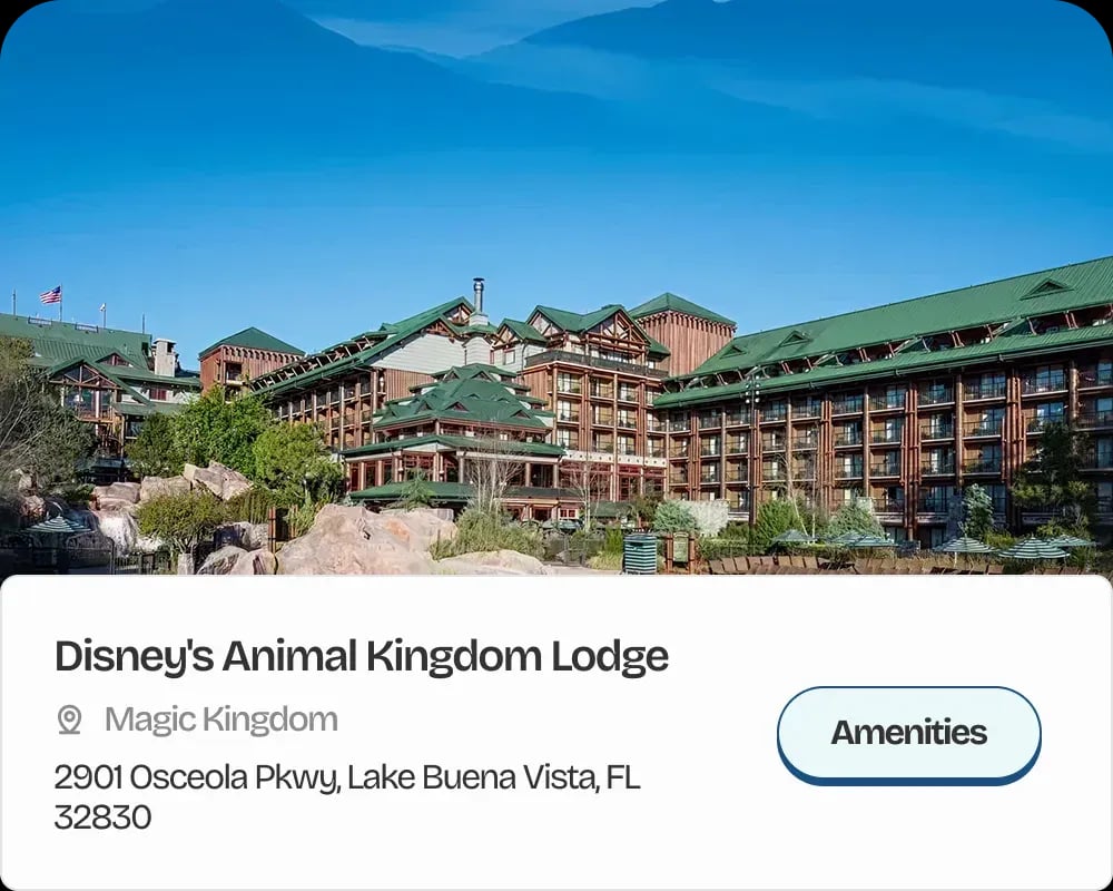 Preview of a MyParkPlanner hotel card showing the property image, location, and amenities button