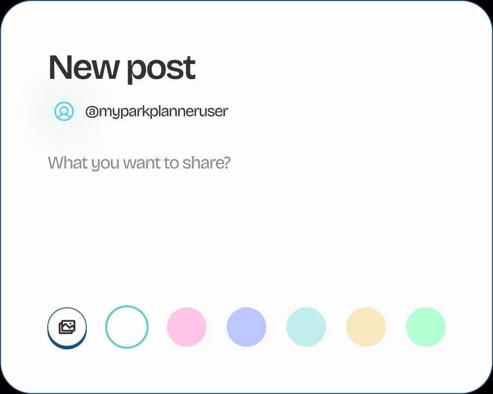 Preview of the MyParkPlanner new-post composer for capturing trip memories with photos and reactions