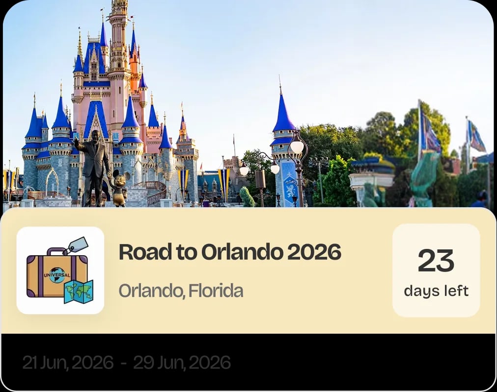 Preview of an upcoming MyParkPlanner trip card showing destination, dates, and days remaining